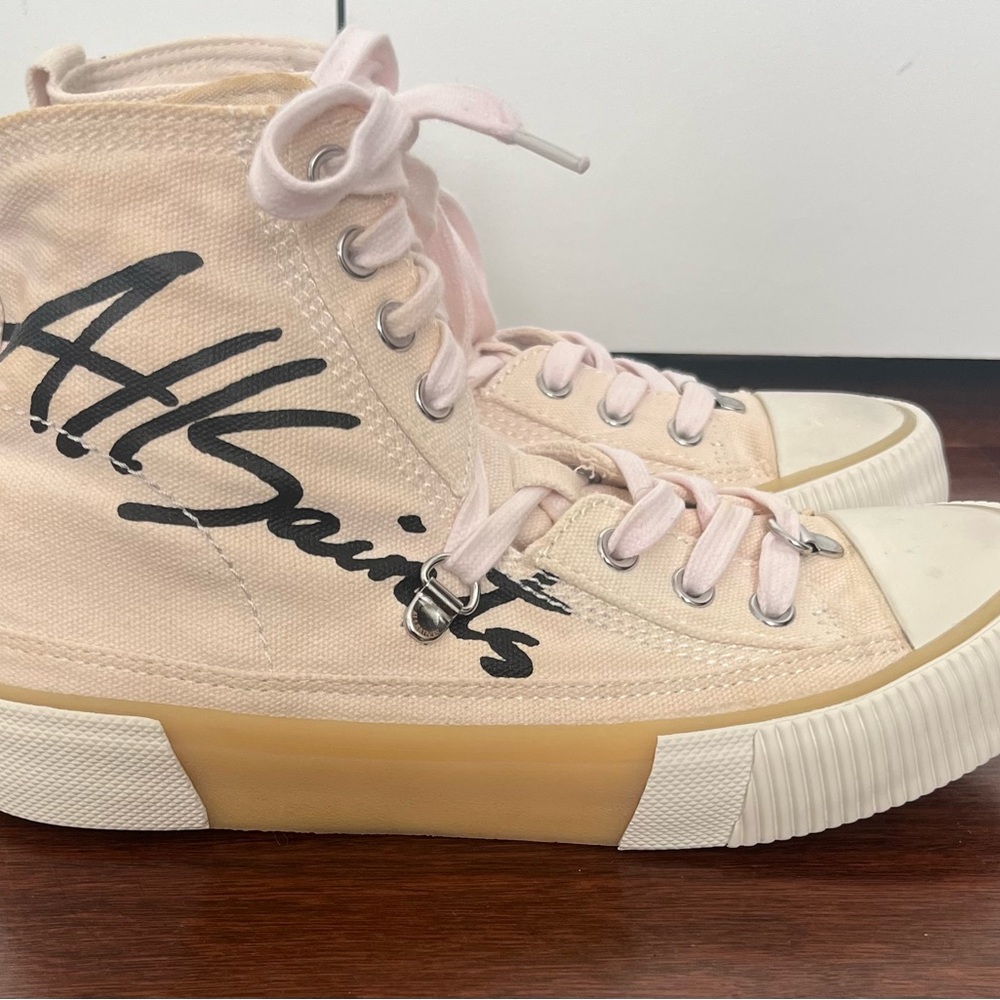 AllSaints Pale Pink Canvas High-Top Sneakers with Black Logo
